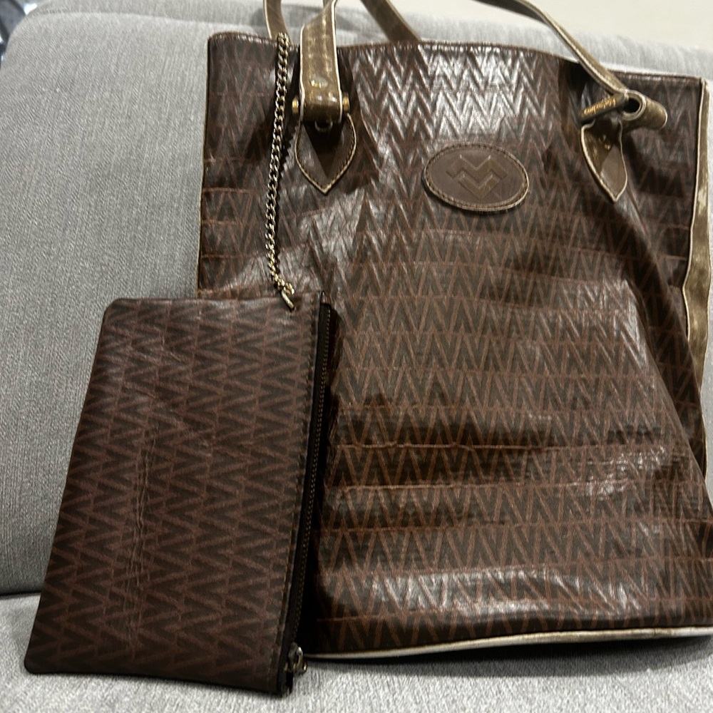 Valentino vintage brown leather bucket tote and matching wallet